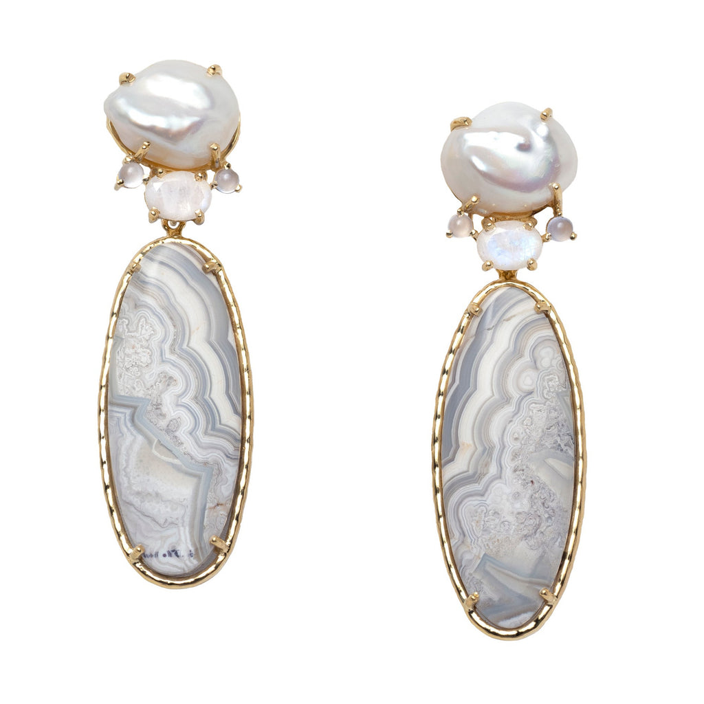Pair of earrings with white stones and gray marbled stones set in yellow gold on a white background