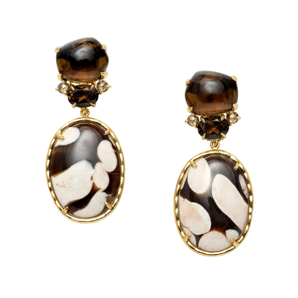 Pair of earrings with brown and white stones set in yellow gold on a white background
