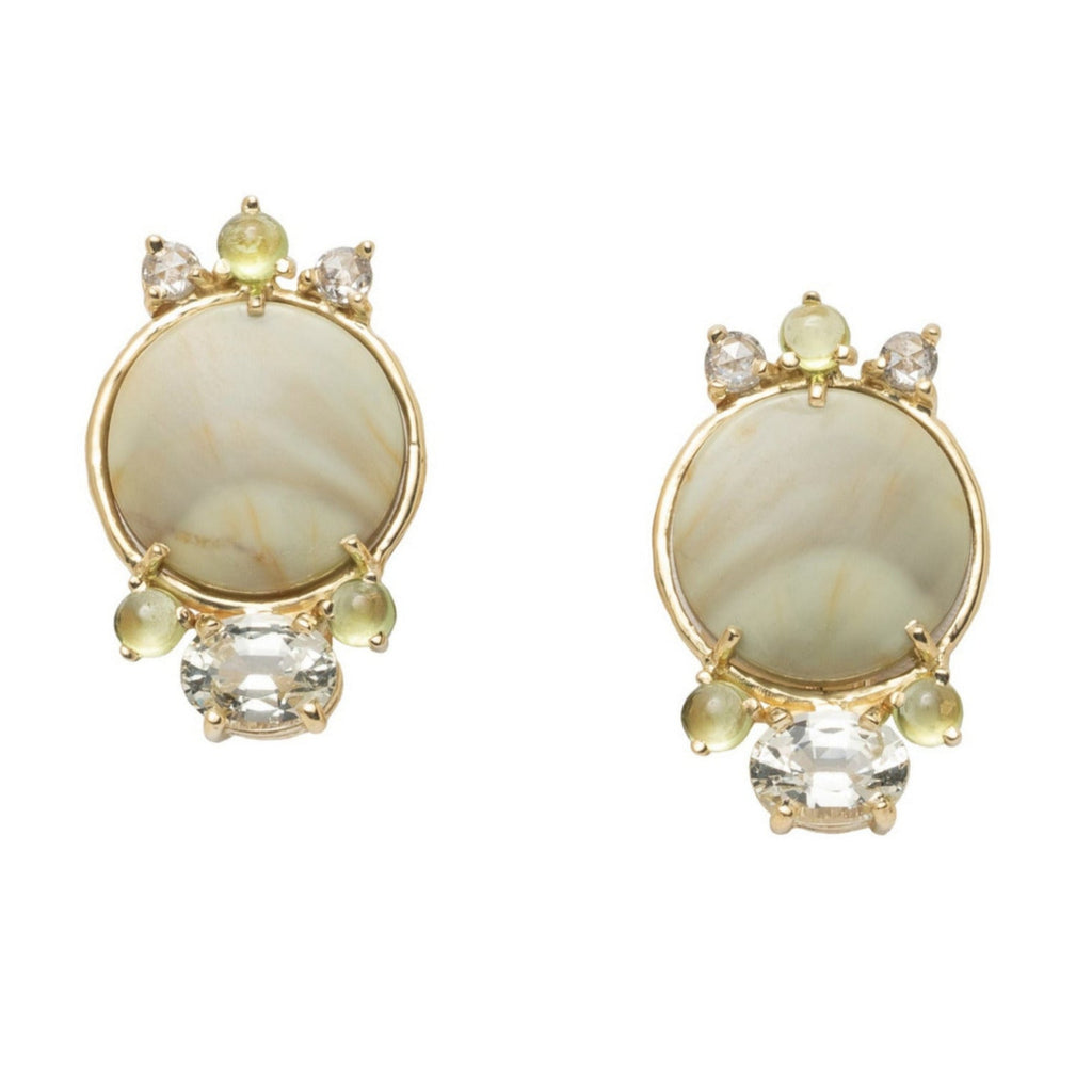 Pair of gold earrings with jasper and diamond accents on a white background