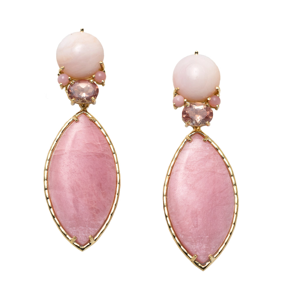 Pink stone earrings set in yellow gold on a white background