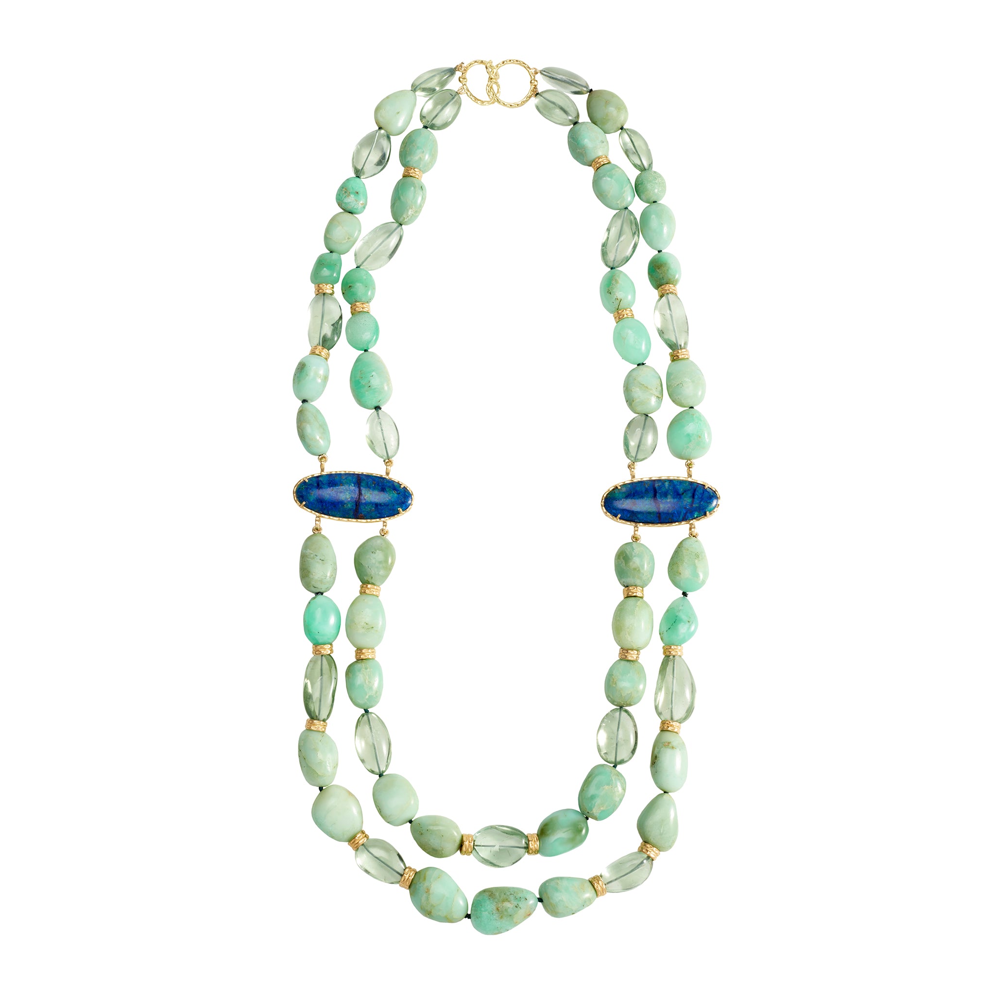 Necklace featuring Bluebird chalcedony, chrysoprase, praseolite