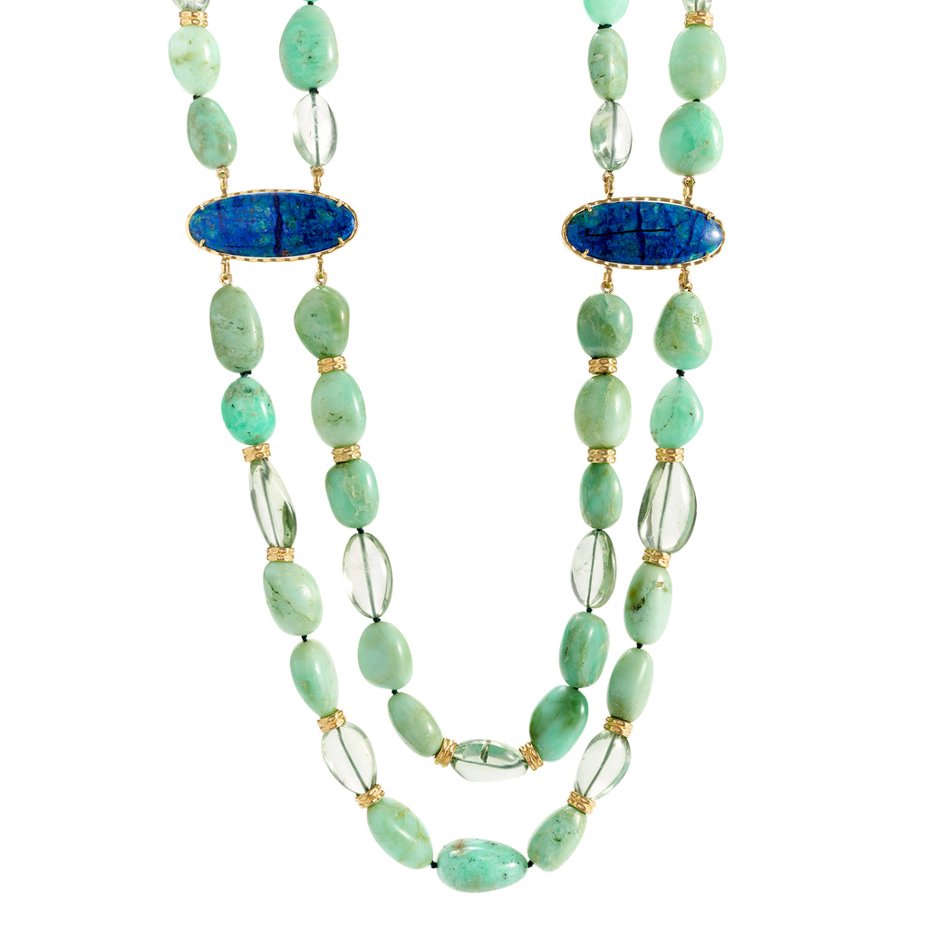 Necklace featuring Bluebird chalcedony, chrysoprase, praseolite