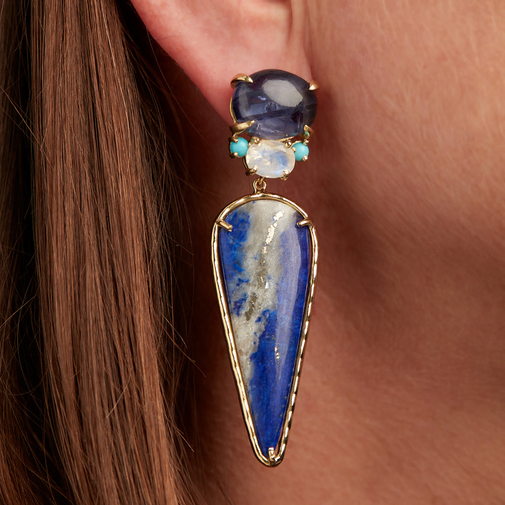 Earrings featuring iolite, turquoise, rainbow moonstone, lapis