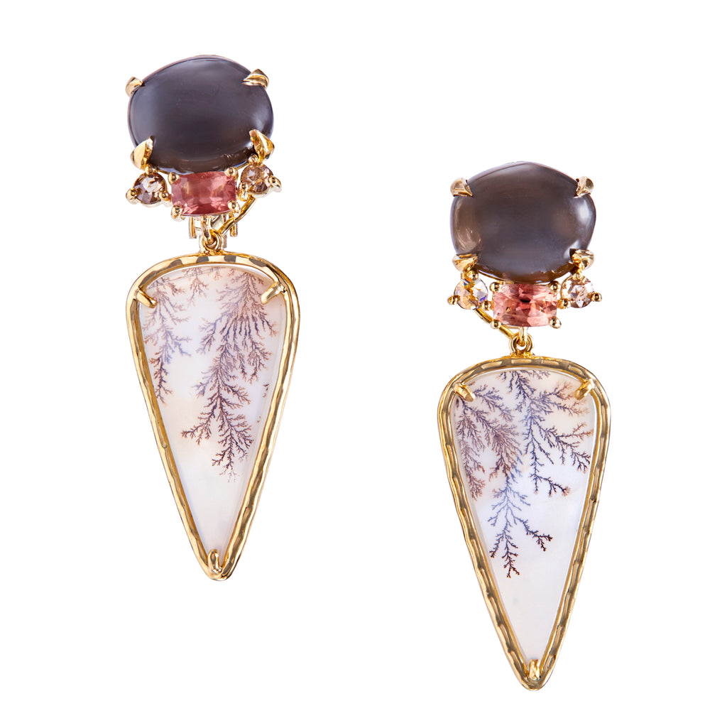Pair of earrings with gemstones and leaf-patterned stones set in yellow gold on a white background