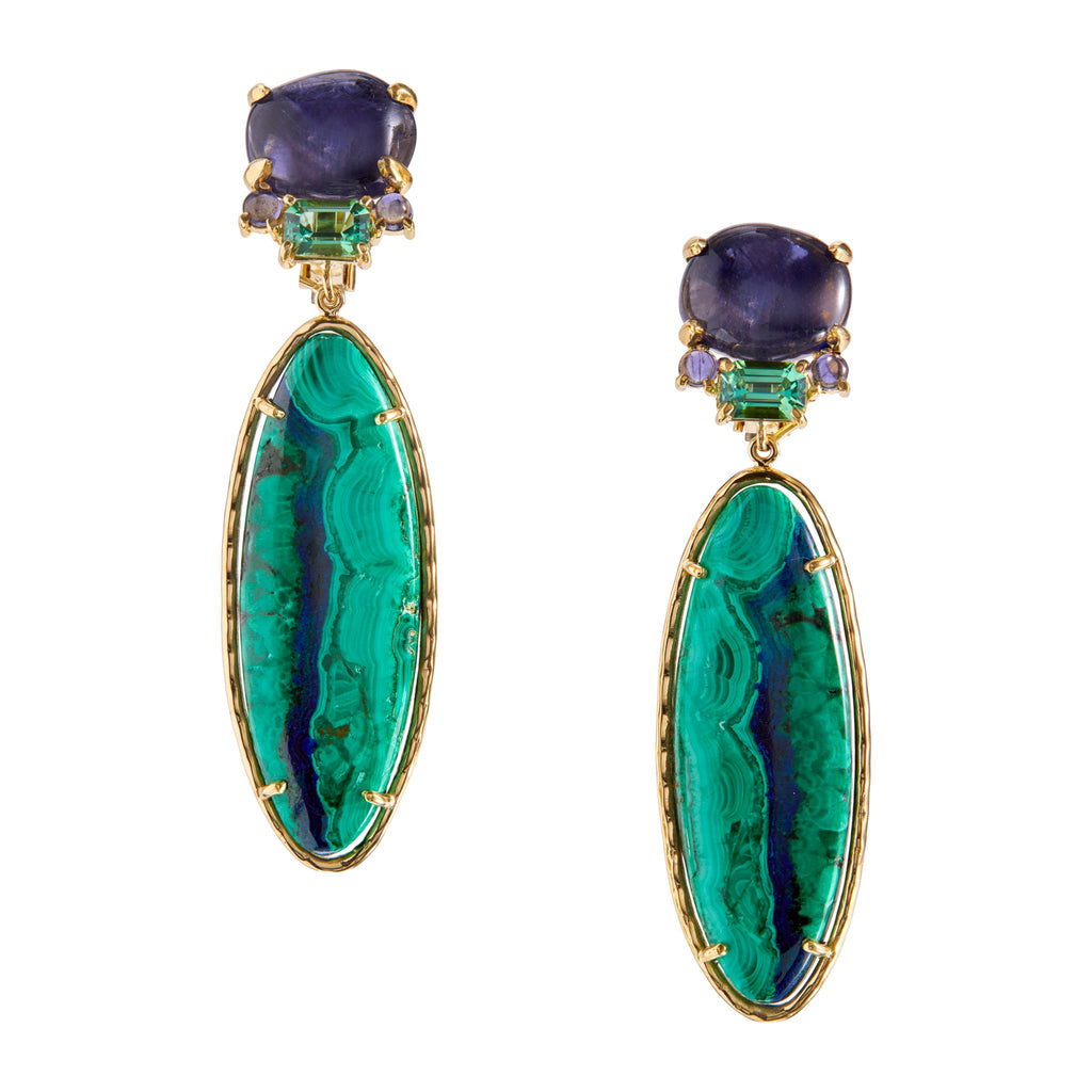 Earrings with Iolite, mint green tourmaline, azurite-malachite, 18k yellow gold.