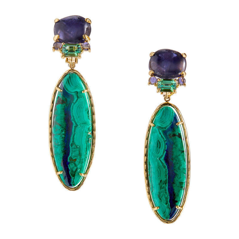 Earrings with Iolite, mint green tourmaline, azurite-malachite, 18k yellow gold.