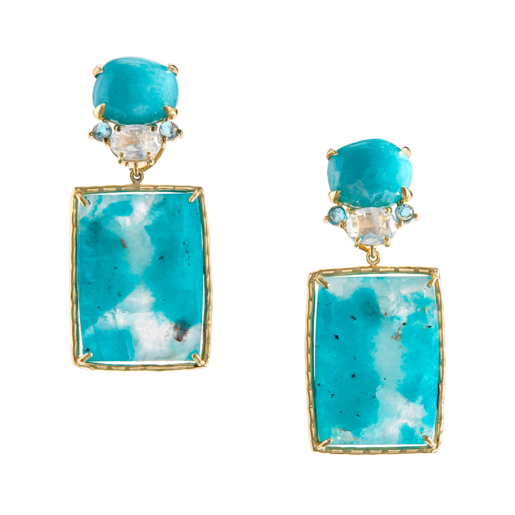 Earrings with Amazonite, apatite, rainbow moonstone, amazonite-in-quartz, 18k yellow gold