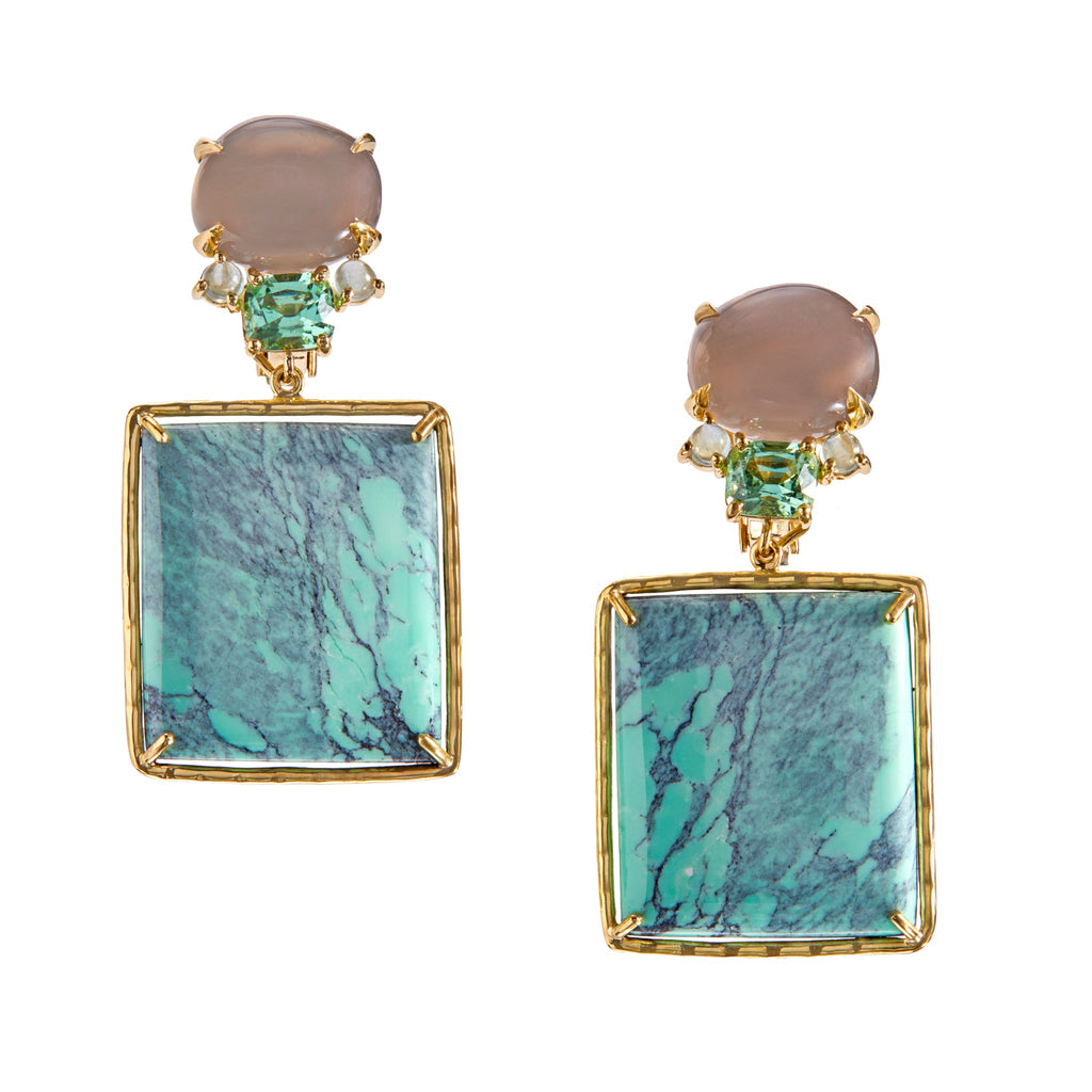 Earrings with Grey moonstone, aquamarine, mint green tourmaline, variscite, 18k yellow gold.