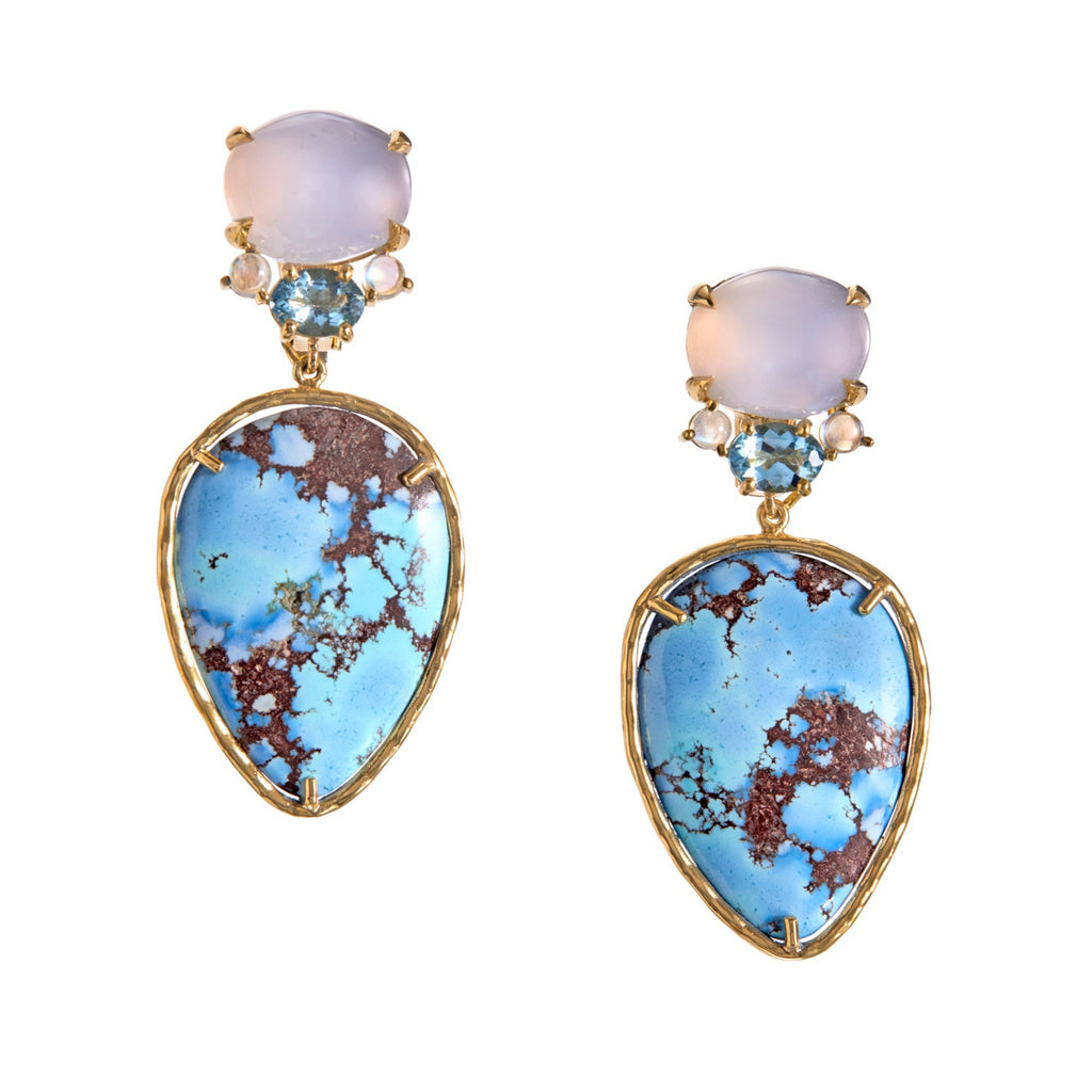 Chalcedony, rainbow moostone, aquamarine, lavender turquoise, 18k yellow gold. 