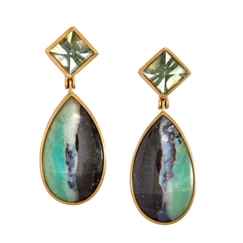 Tourmaline, petrified opalized wood, 18k gold.