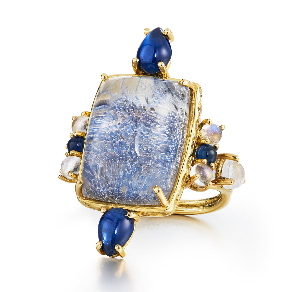 one of a kind ring with sapphires, diamonds, moonstone and dumortierite cabochon