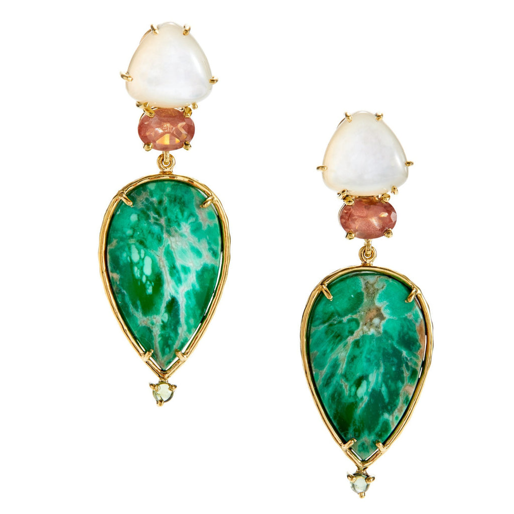 mother-of-pearl, sunstone, chrysoprase, green tourmaline earrings