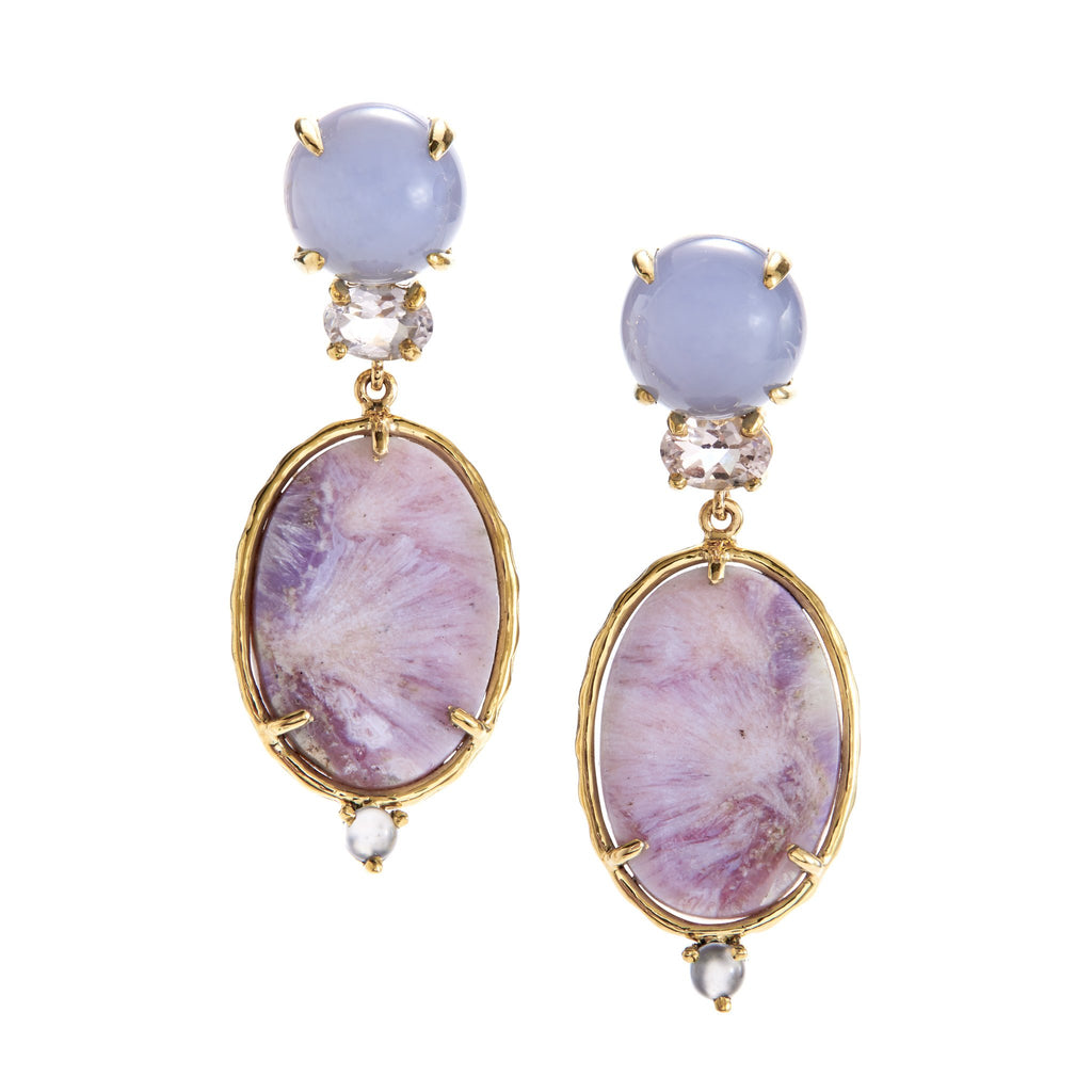 chalcedony, morganite, purple lace agate earrings
