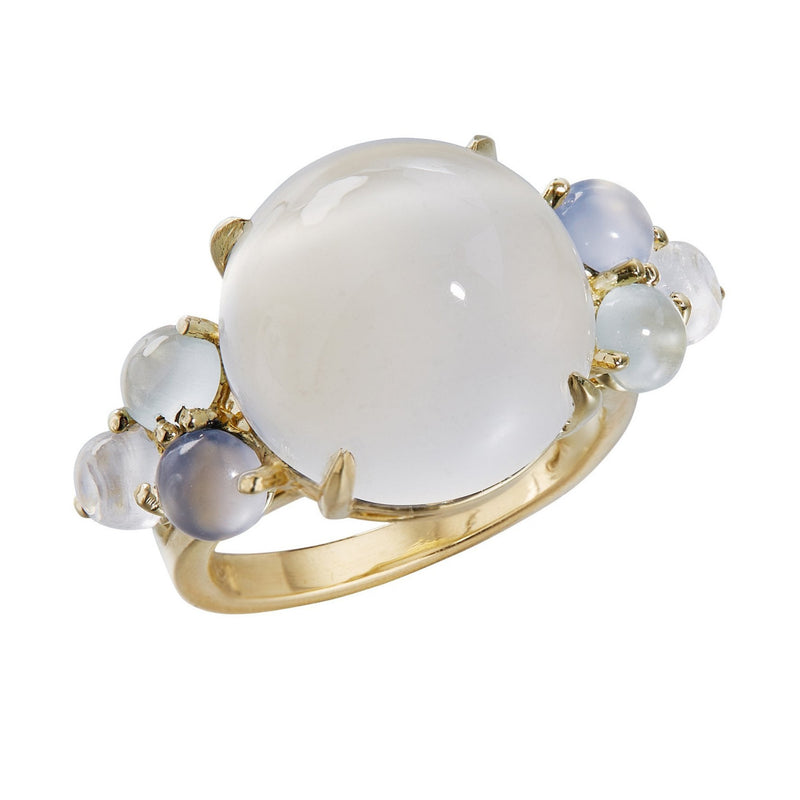 Moonstone ring with chalcedony, aquamarine, rainbow moonstone