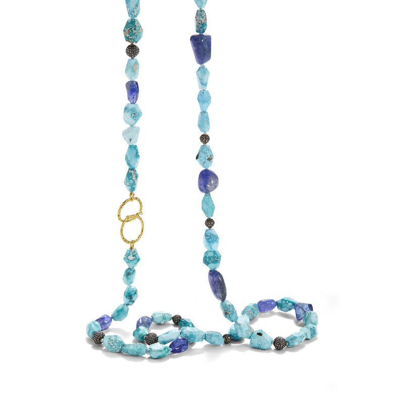 necklace with natural pyrite studded turquoise, tanzanite beads, diamond-studded blackened silver ball-beads