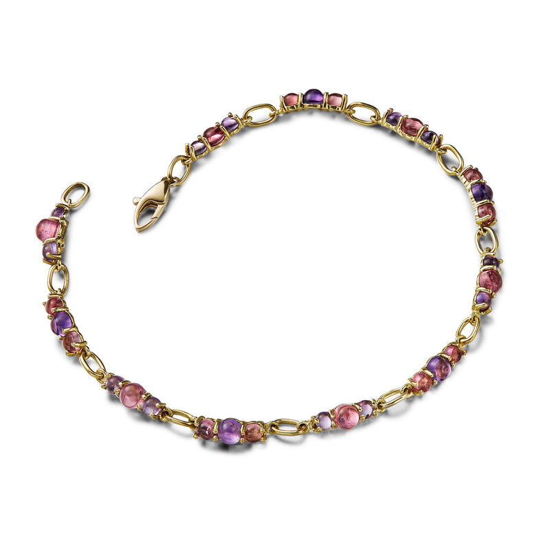 Cabochon gemstone tennis bracelet with amethyst, iolite and pink tourmaline, 18k yellow gold